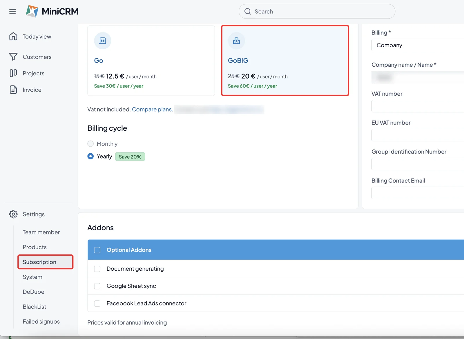MiniCRM Subscription page with the GoBIG plan and the Subscription menu item highlighted