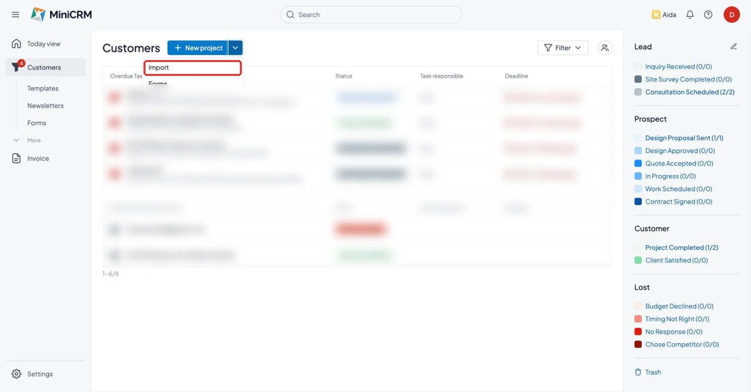 MiniCRM Customers page with the Import option highlighted in the New project menu