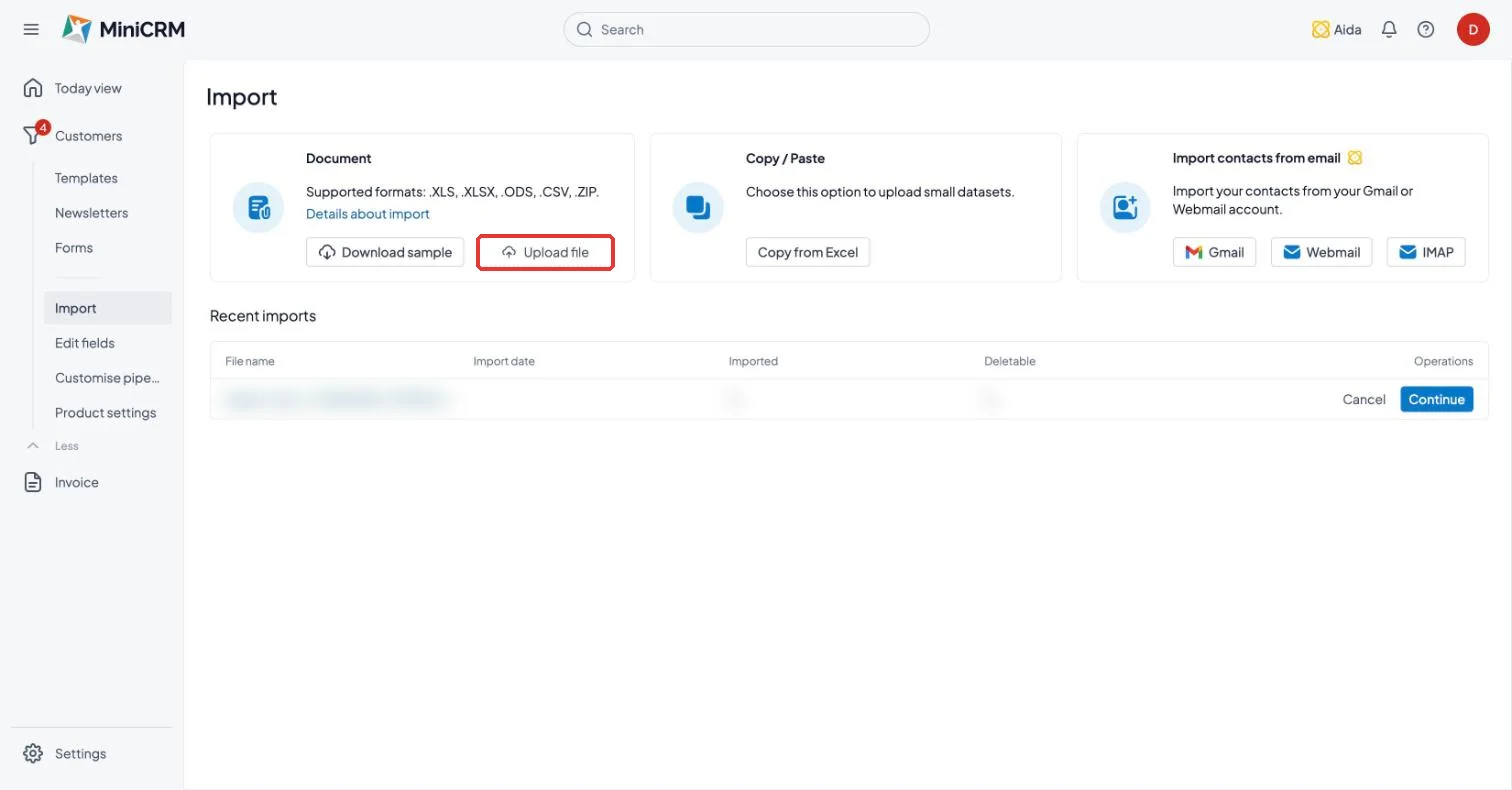 MiniCRM Import page with the Upload file button highlighted