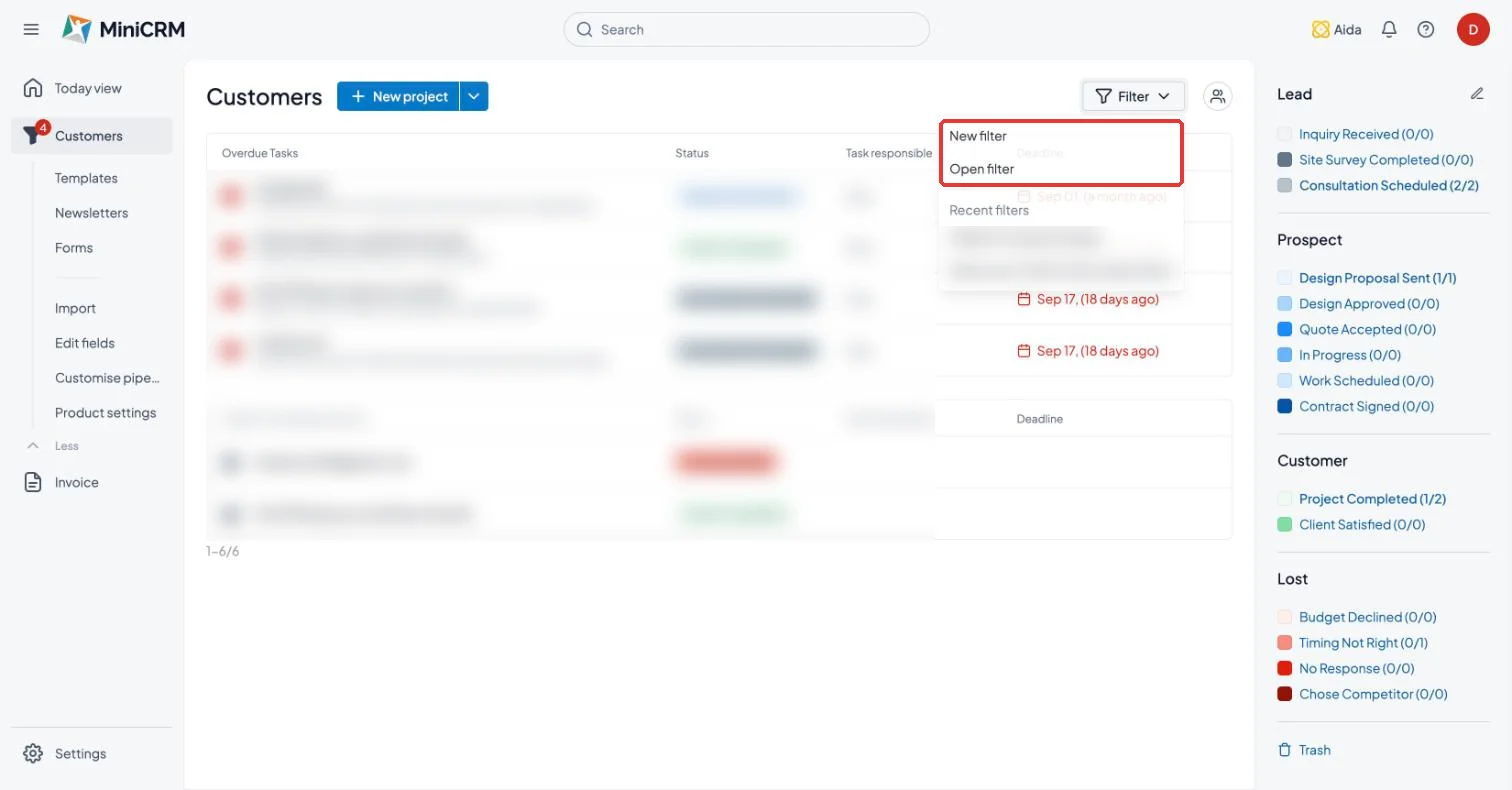 MiniCRM Customers page with the Filter menu open and New filter highlighted