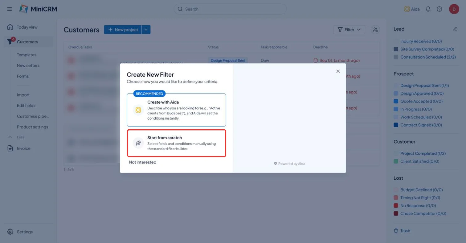 MiniCRM Create New Filter dialog with the Create with Aida option highlighted