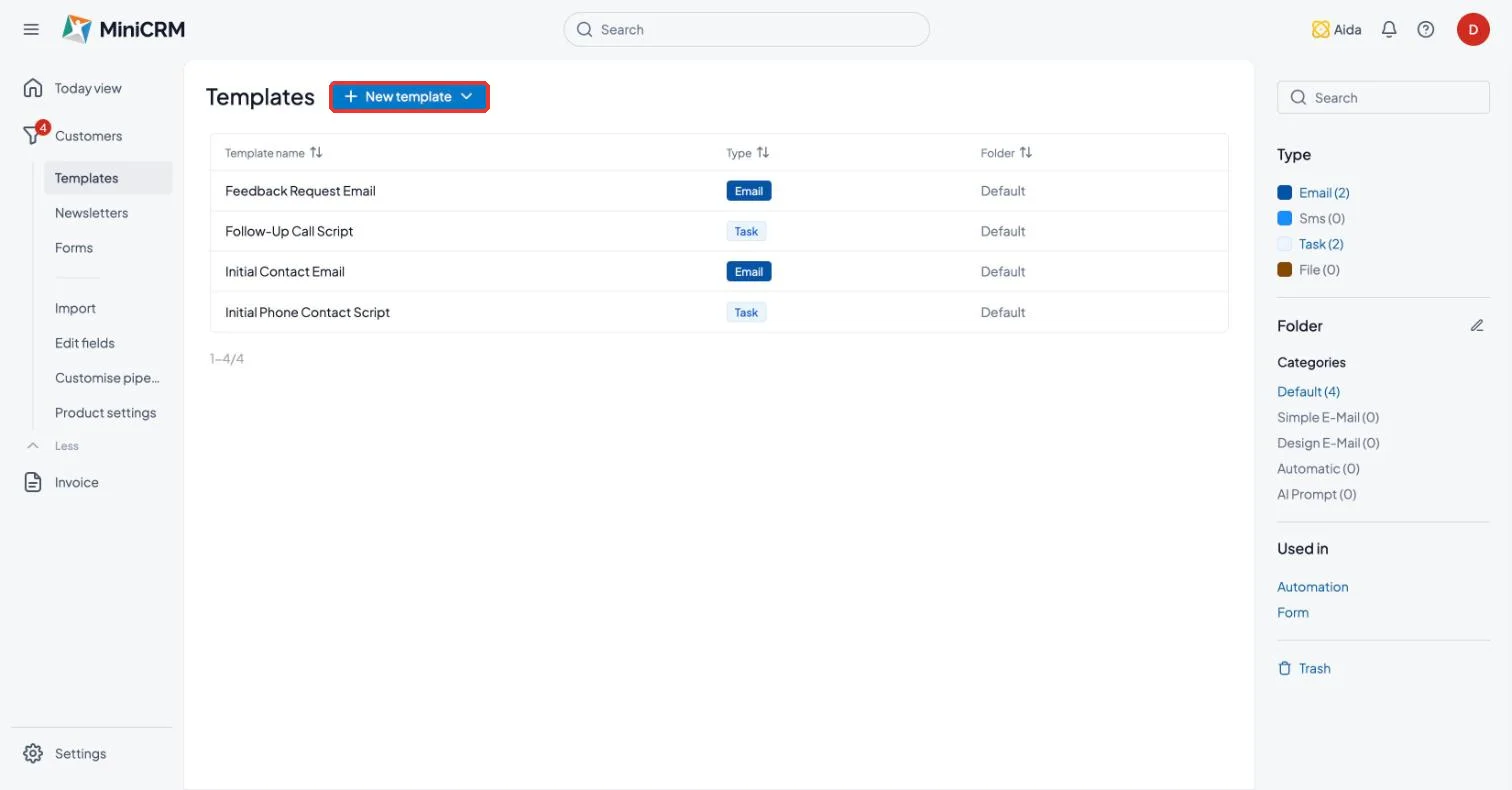 MiniCRM Templates page with the New template button highlighted