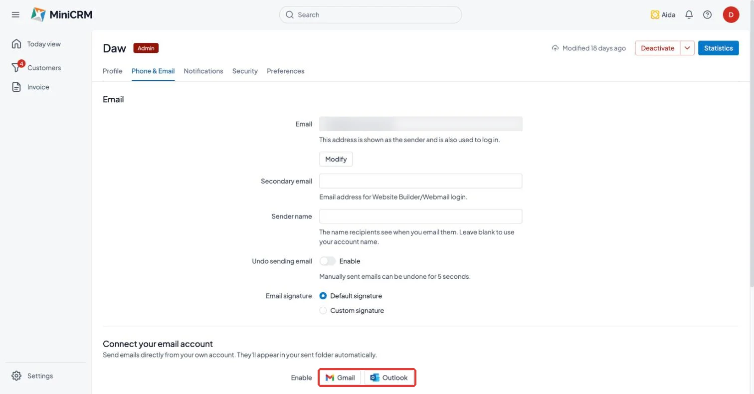 MiniCRM Phone & Email settings with the Gmail and Outlook connect buttons highlighted