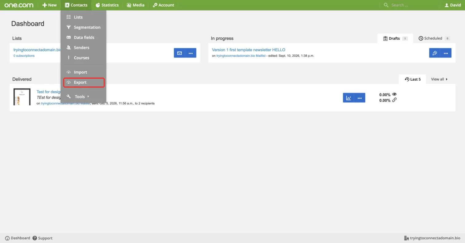 Ubivox Contacts menu with Export highlighted