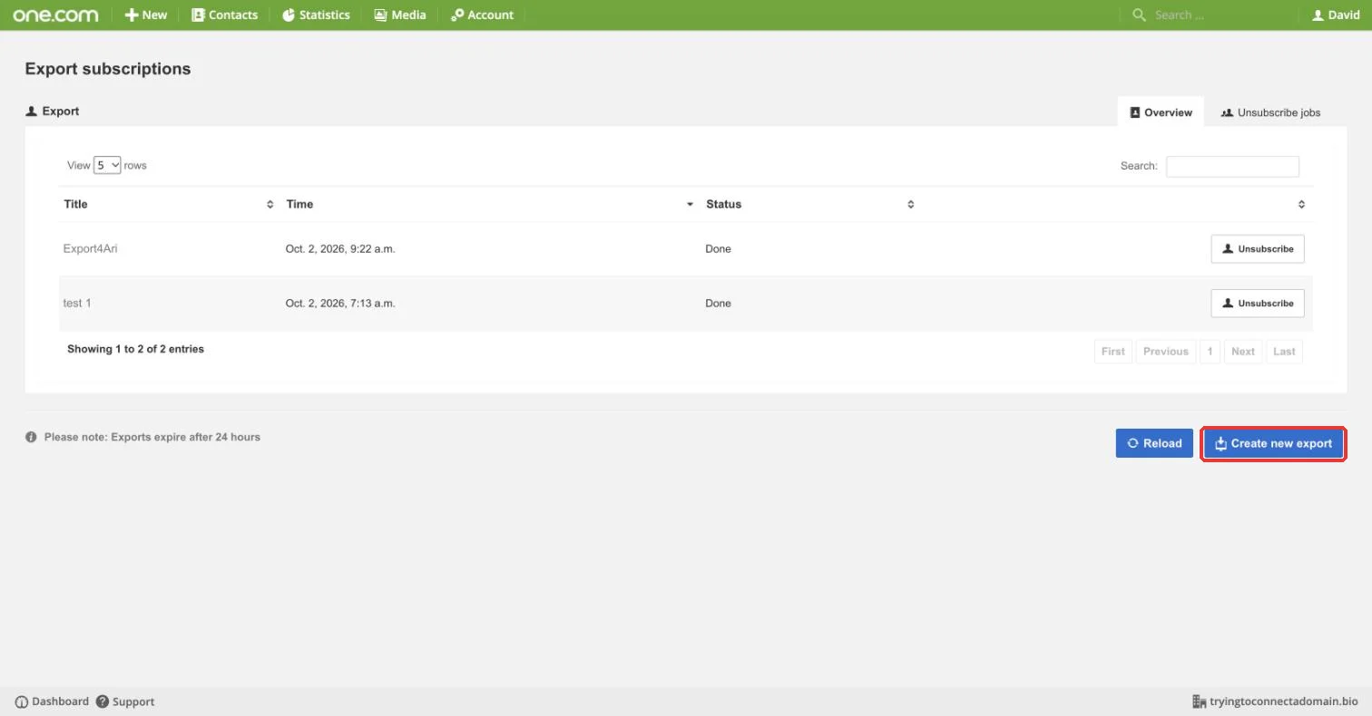 Ubivox Export subscriptions page with the Create new export button highlighted