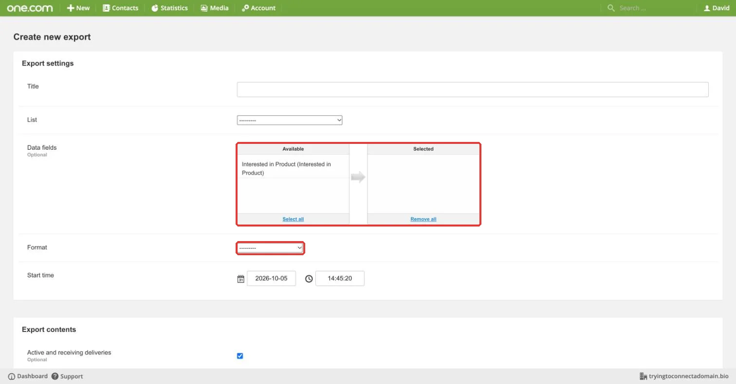 Ubivox Create new export form with Data fields and Format highlighted
