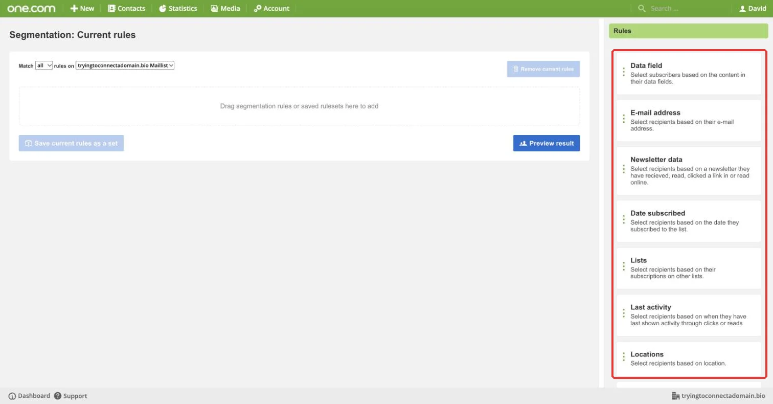 Ubivox Segmentation page with the available rule types highlighted