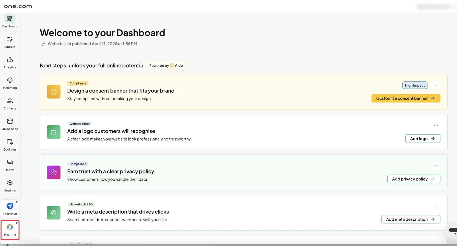 one.com Website Builder dashboard with the MiniCRM icon highlighted at the bottom of the left menu