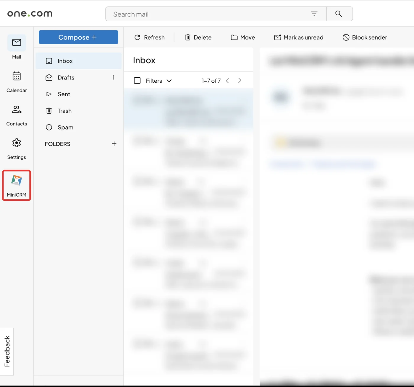 one.com Webmail with the MiniCRM icon highlighted in the left menu
