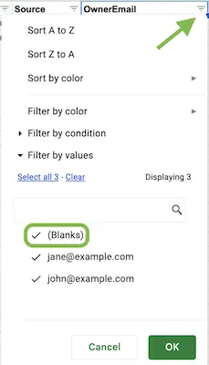 Field blanks filter example
