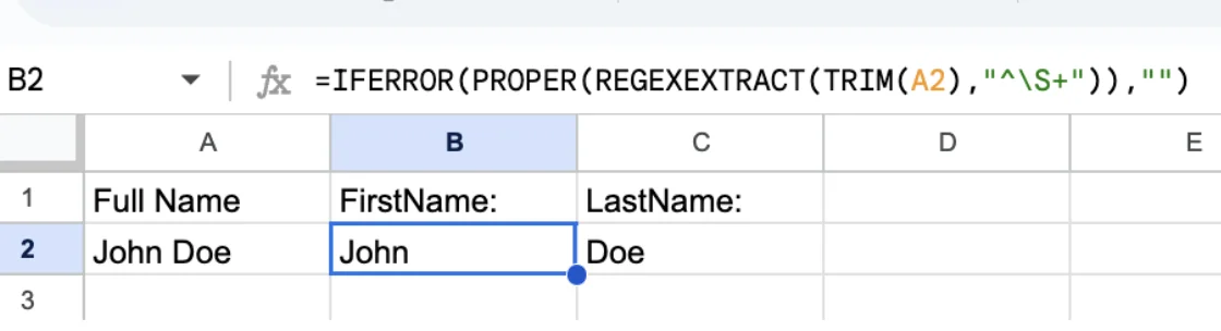 Split names formula example