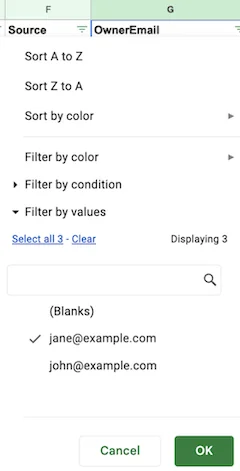 Voorbeeld filteren op eigenaar
