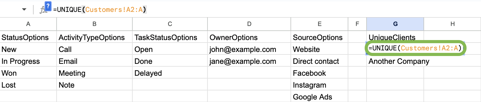 Dropdown options tab example