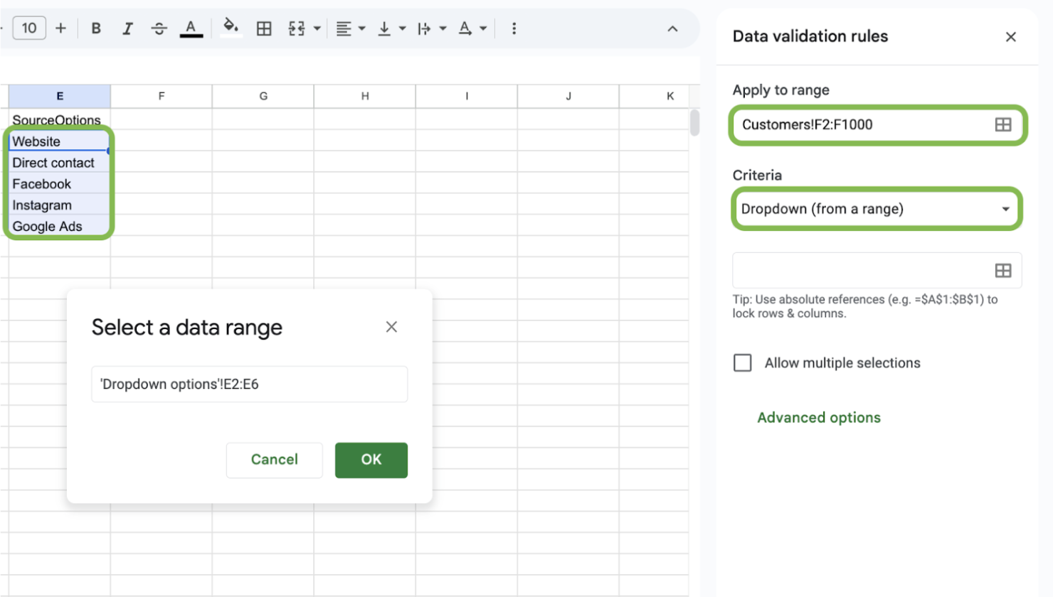 Data validation setup example