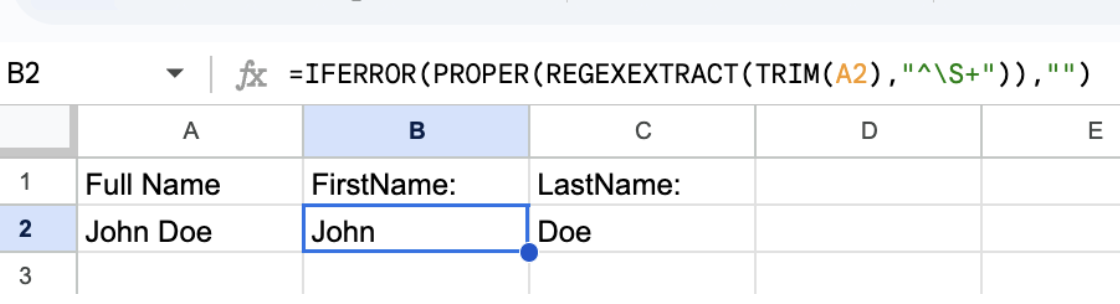 Split names formula example