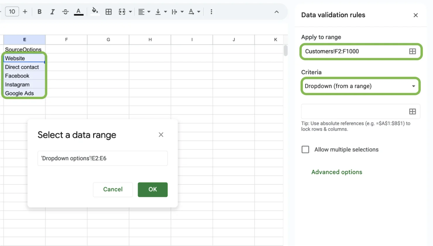 Eksempel på opsætning af datavalidering